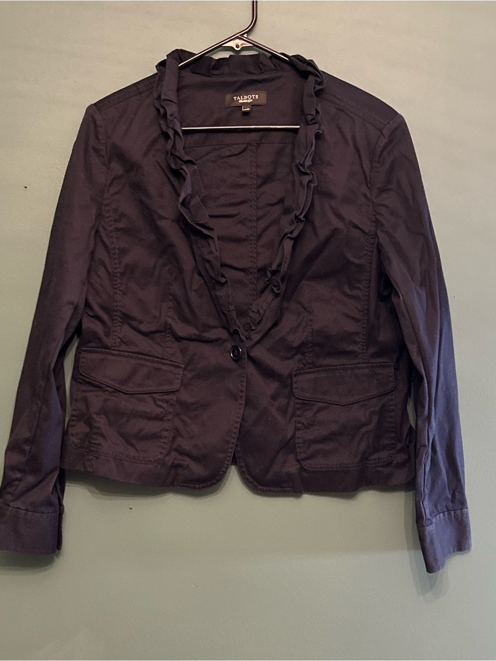 Talbots Navy Blue Ruffle Trim Single Button Blazer Jacket Cotton Blend Size 14